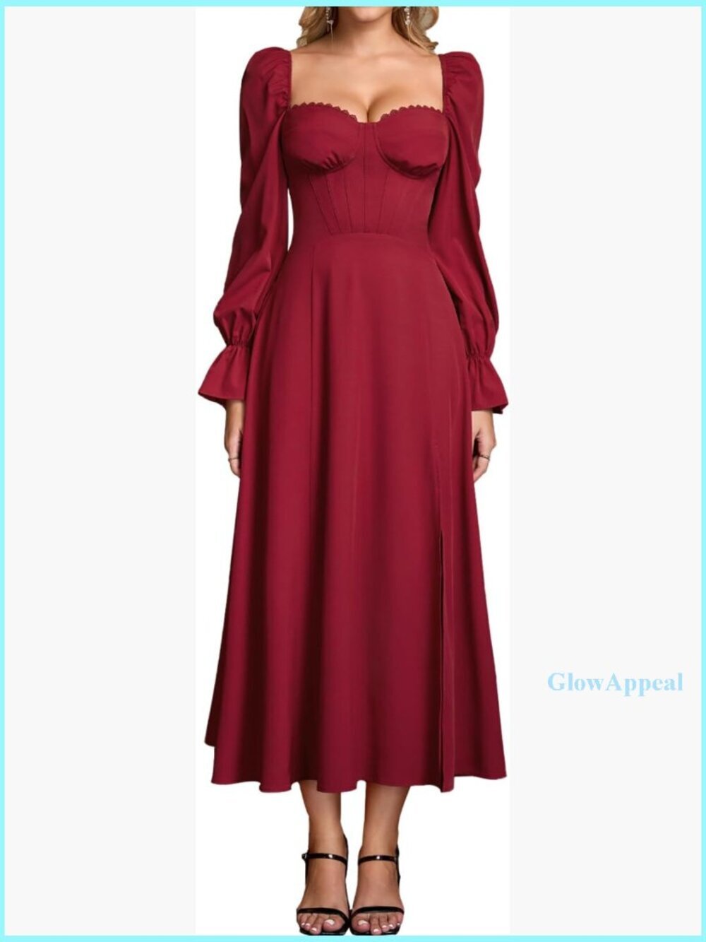 Long Sleeve Maxi Dress with Sweetheart Neckline High Slit Formal Casual